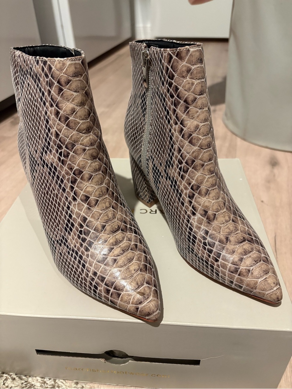 Marc Fisher Retire Snake-Print Pointed Toe Ankle Boots -